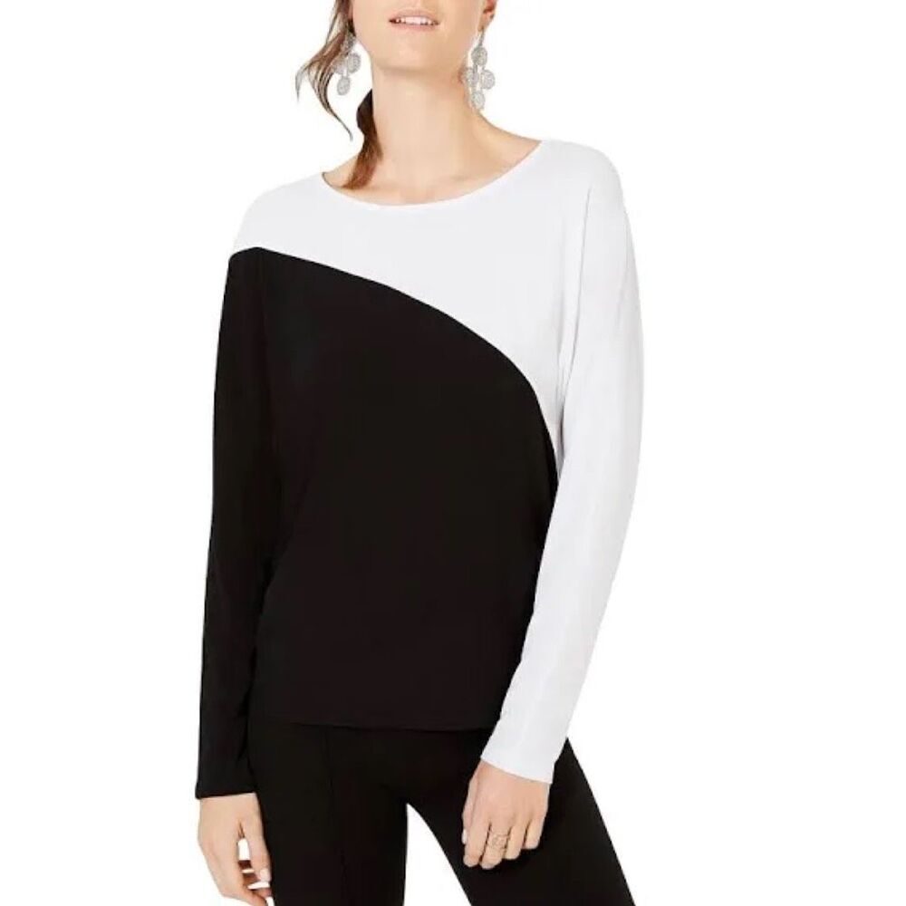 NWT INC INTERNATIONAL CONCEPTS Colorblock Top Dolman LS Black White Womens Small